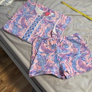 Lilly Pulitzer Sleeveless Pink and Blue Patterned Dress and shorts kids 12/14